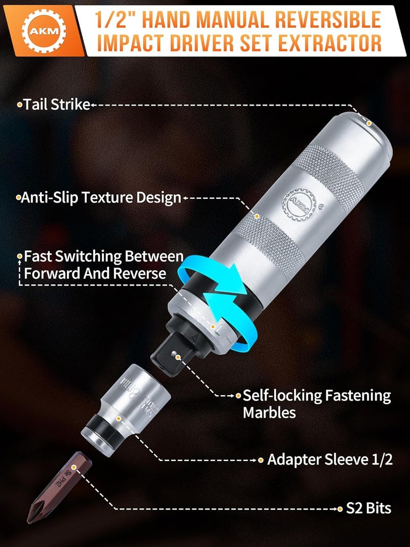 AKM 1/2" Hand Manual Reversible Impact Driver Set Extractor-12 PCS Impact Screwdriver S2 Steel Much More Durable Disengage Rusted Fasteners or Frozen Bolts - Image 4